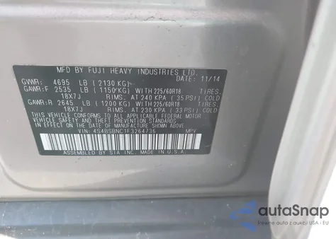 2015 Subaru Outback 2.5I Limited from USA, damaged, VIN 4S4BSBNC1F3264736